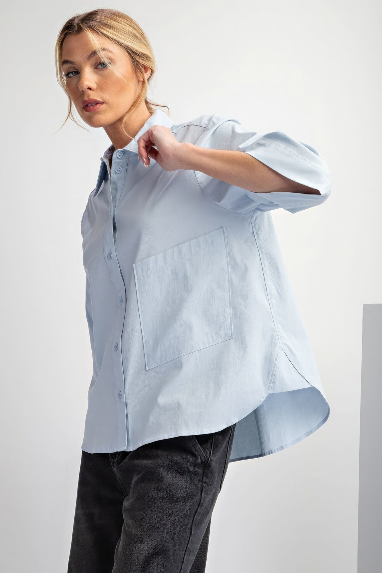 Half Sleeves Stretch Poplin Button Down Shirt - Sky Blue