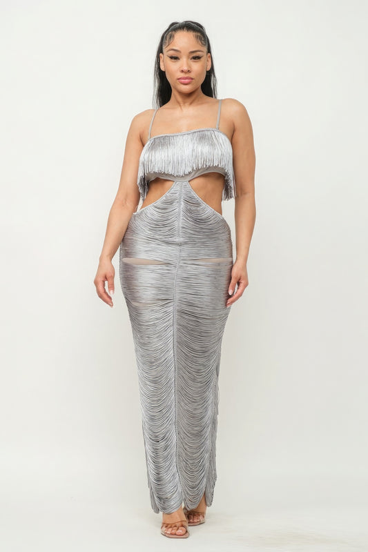 Lux Fringe Maxi Dress - Silver