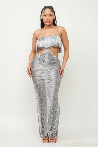 Lux Fringe Maxi Dress - Silver