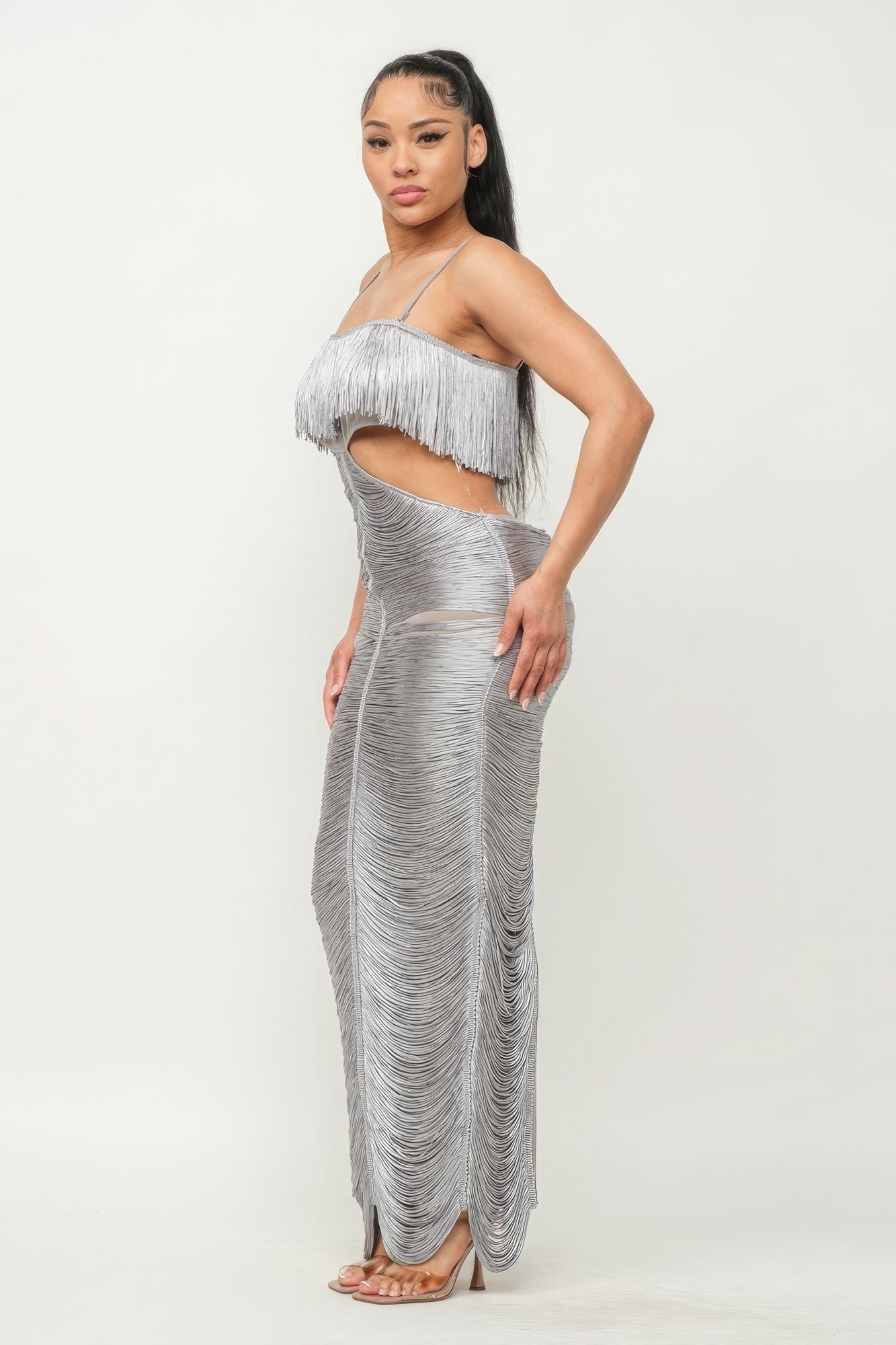 Lux Fringe Maxi Dress - Silver