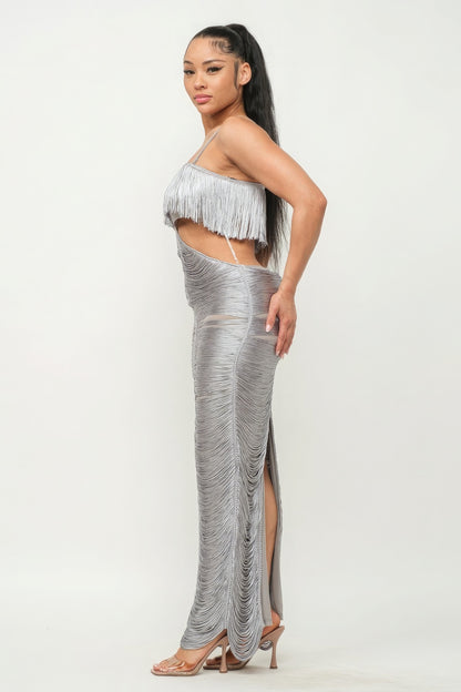 Lux Fringe Maxi Dress - Silver