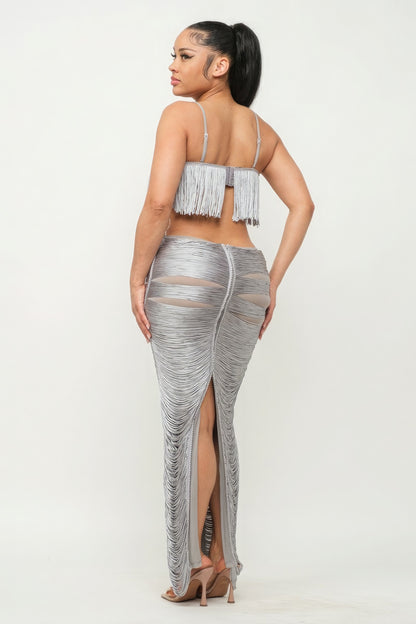 Lux Fringe Maxi Dress - Silver