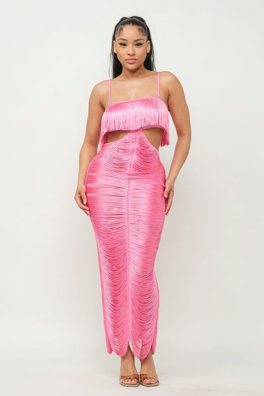 Lux Fringe Maxi Dress - Pink