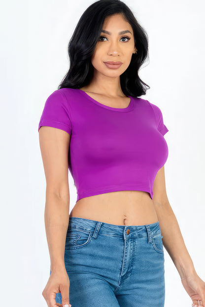 Short Sleeve Round Neck Crop Top - Dahlia Purple
