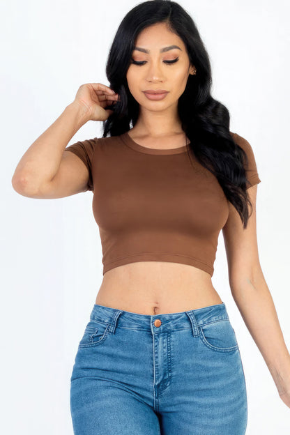 Short Sleeve Round Neck Crop Top - Downtown Brown