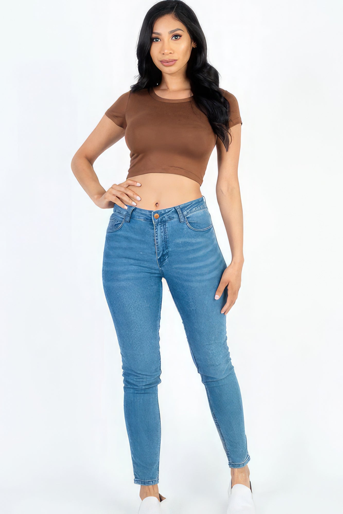 Short Sleeve Round Neck Crop Top - Downtown Brown