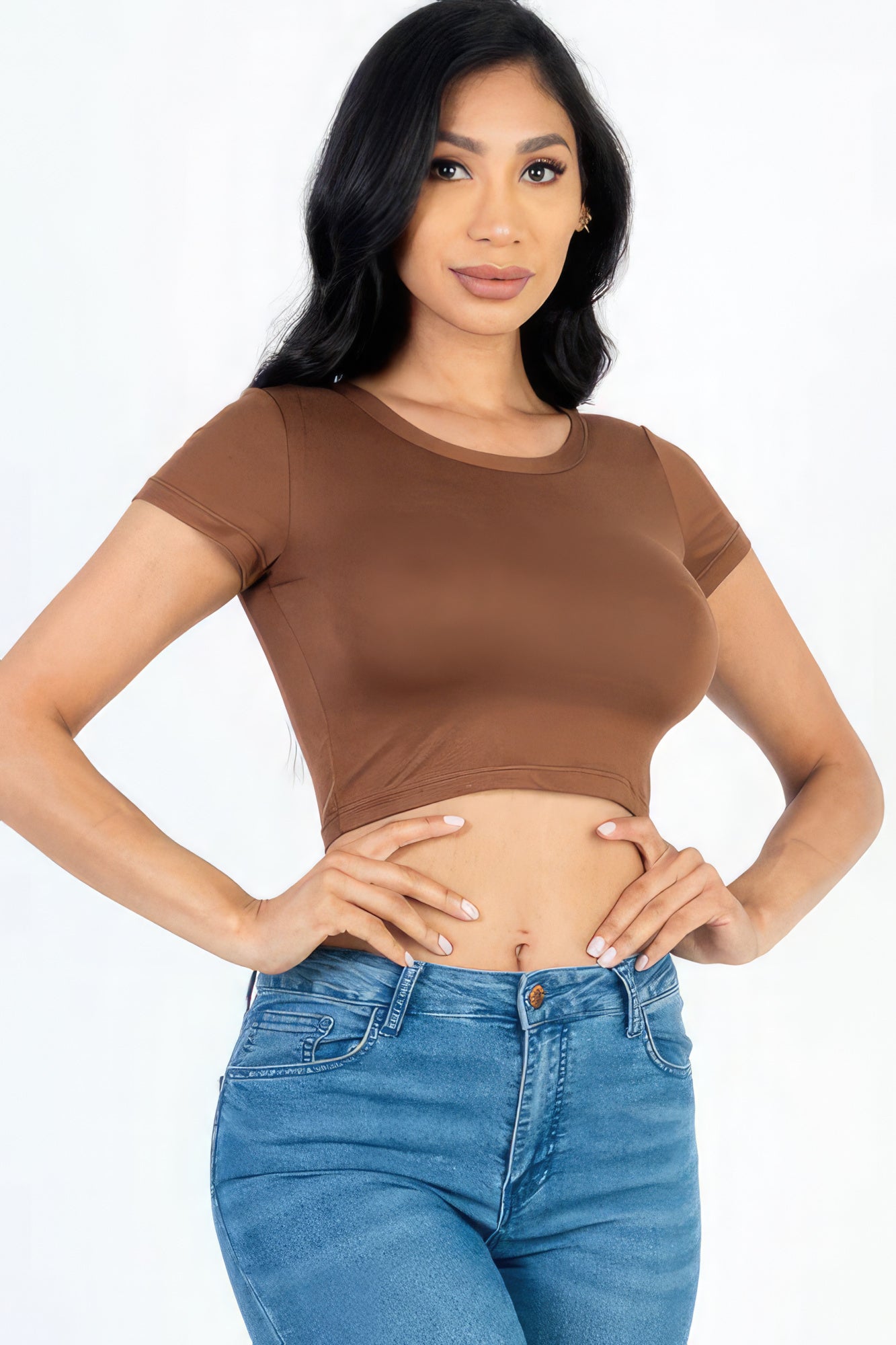 Short Sleeve Round Neck Crop Top - Downtown Brown