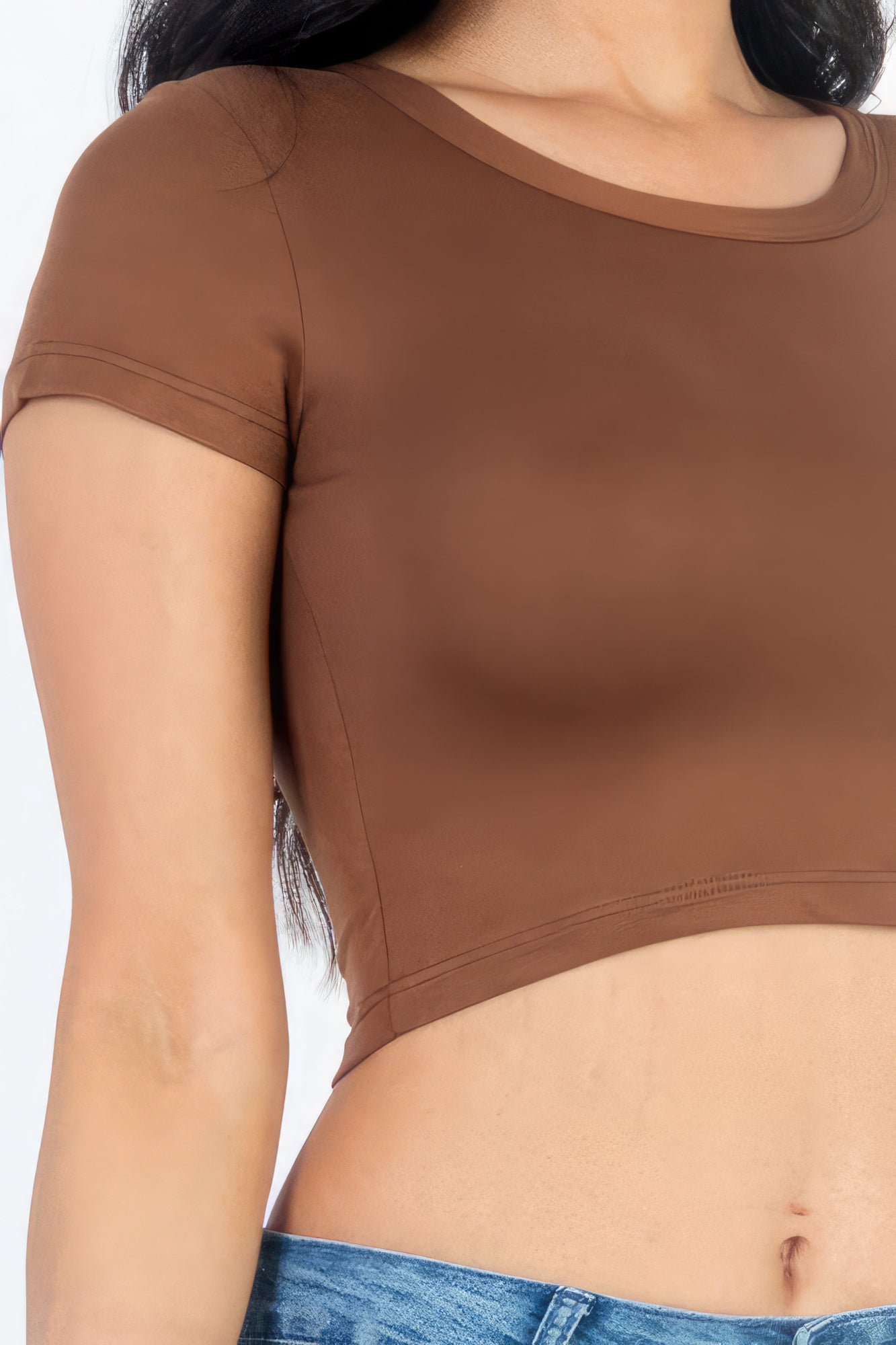 Short Sleeve Round Neck Crop Top - Downtown Brown