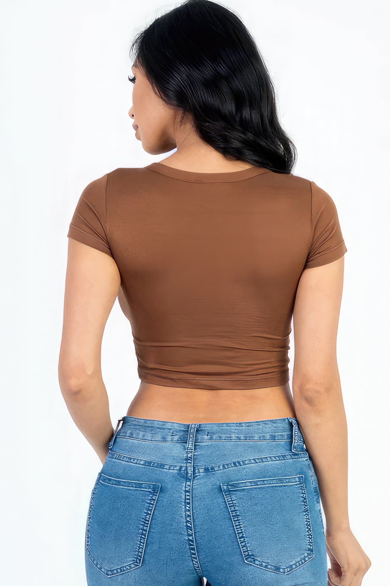 Short Sleeve Round Neck Crop Top - Downtown Brown