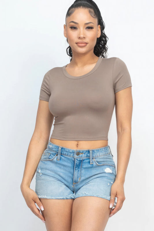 Short Sleeve Round Neck Crop Top - Taupe