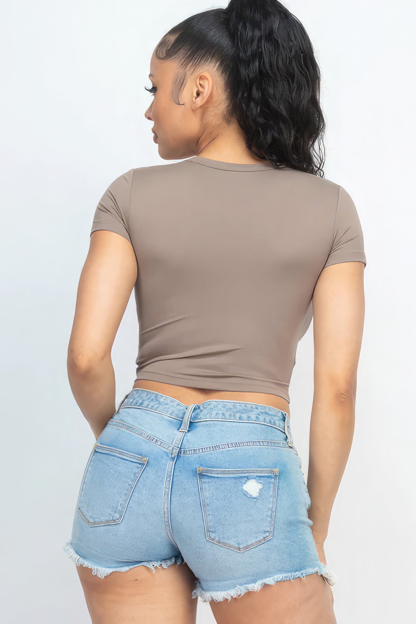 Short Sleeve Round Neck Crop Top - Taupe