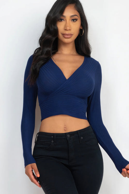 Ribbed Wrap Front Long Sleeve Top - Navy