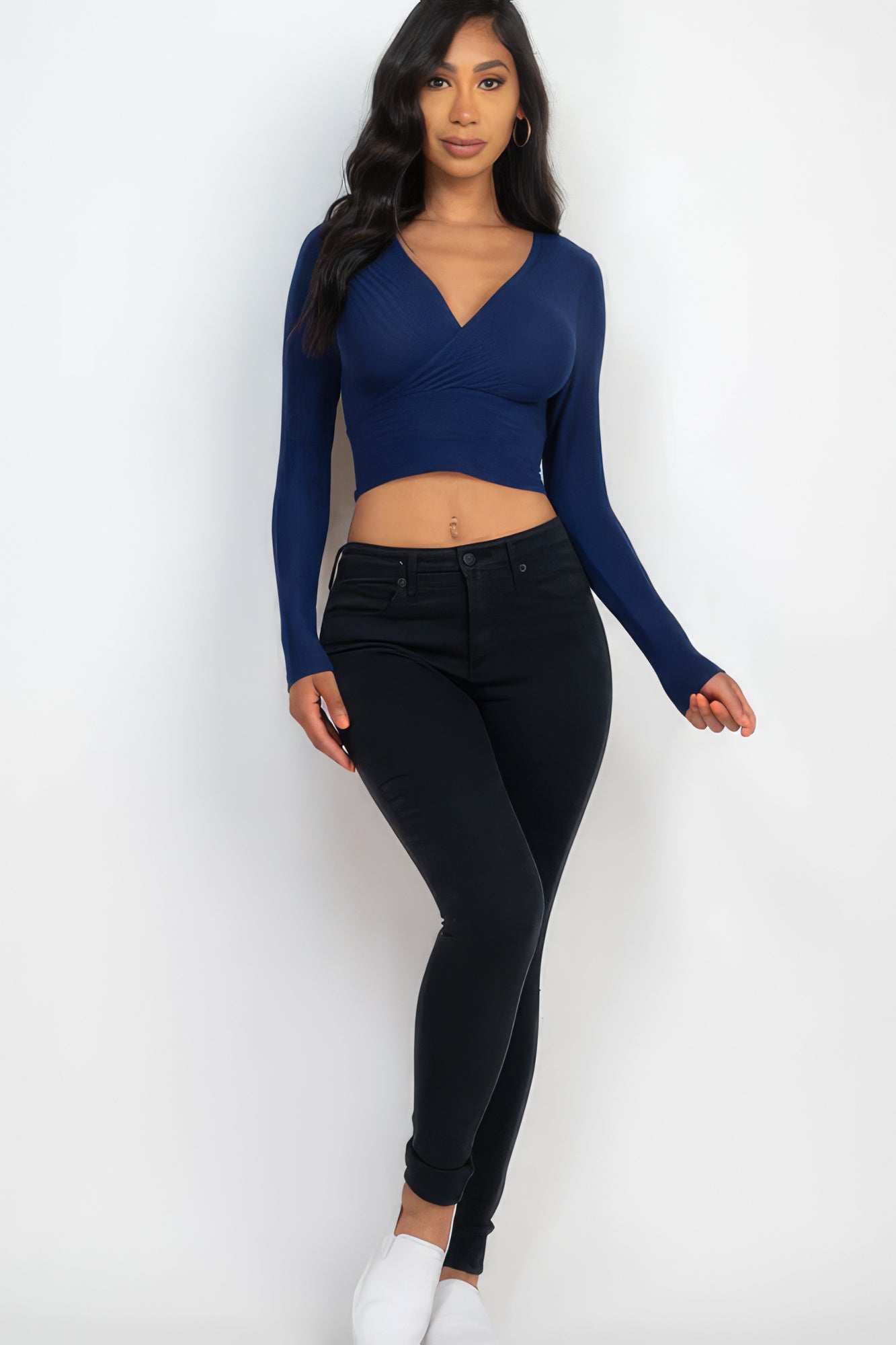 Ribbed Wrap Front Long Sleeve Top - Navy