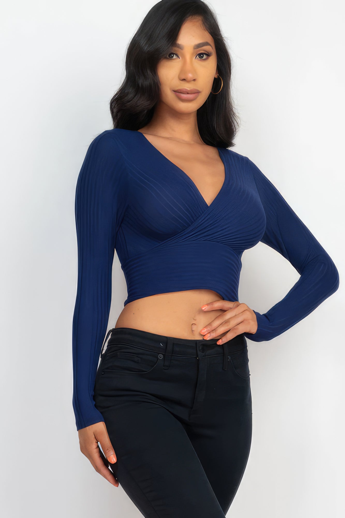 Ribbed Wrap Front Long Sleeve Top - Navy