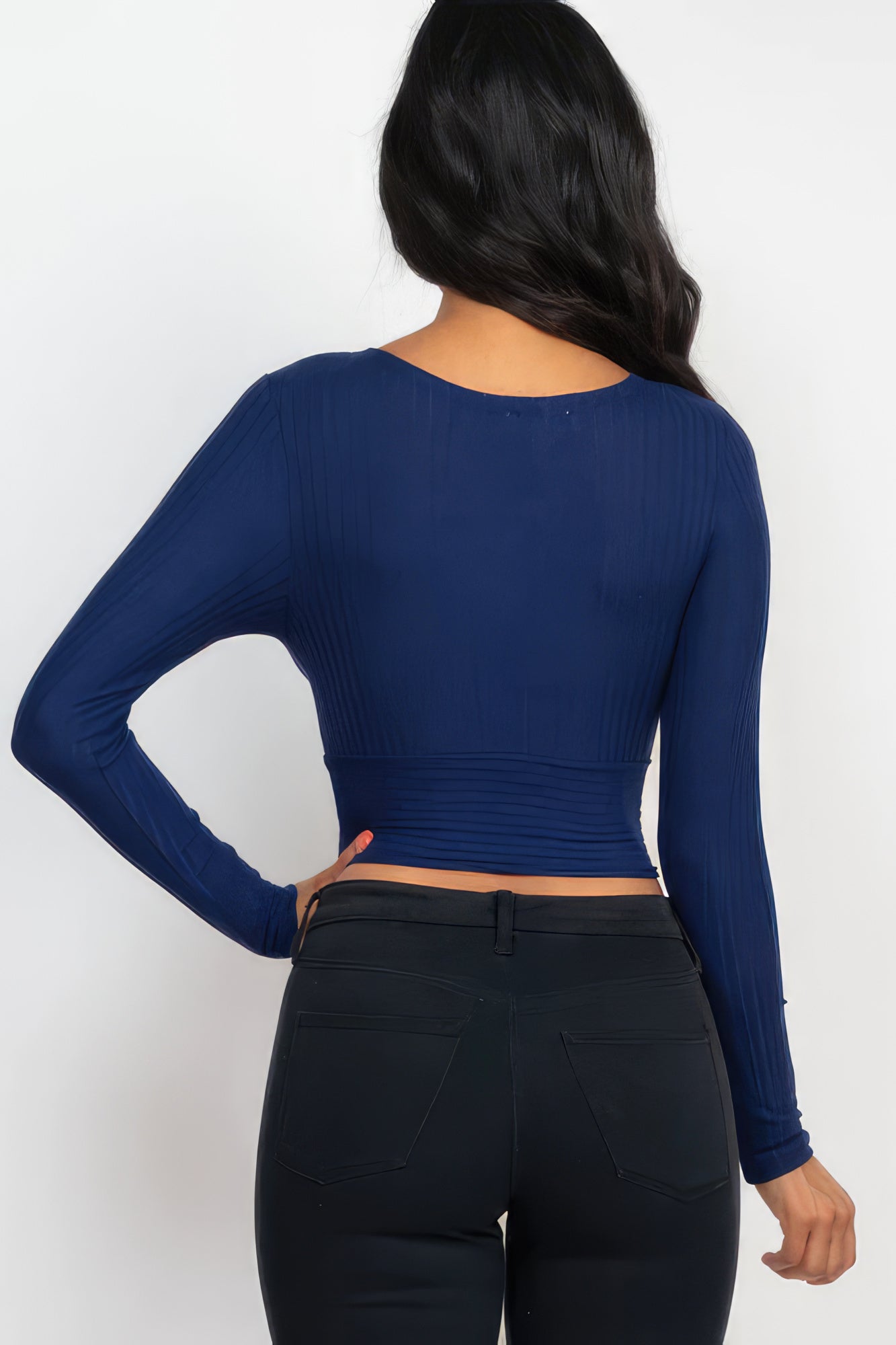 Ribbed Wrap Front Long Sleeve Top - Navy