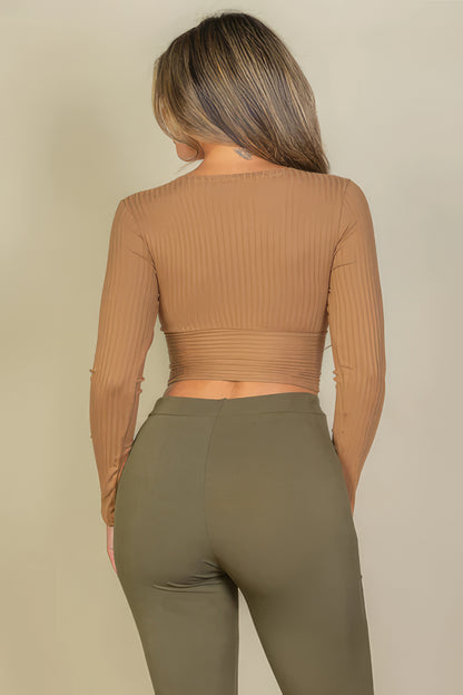 Ribbed Wrap Front Long Sleeve Top - Mocha