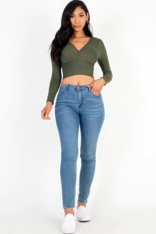 Ribbed Wrap Front Long Sleeve Top - Olive