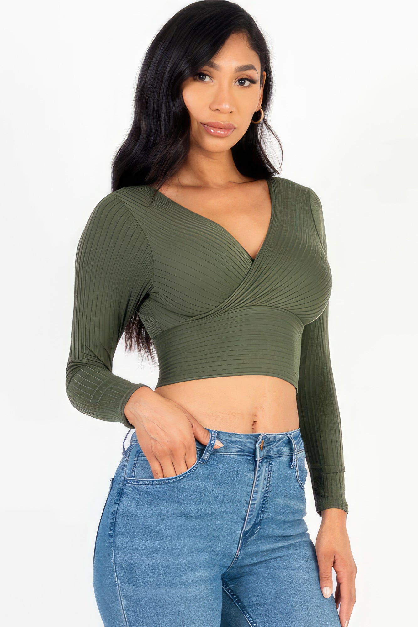 Ribbed Wrap Front Long Sleeve Top - Olive