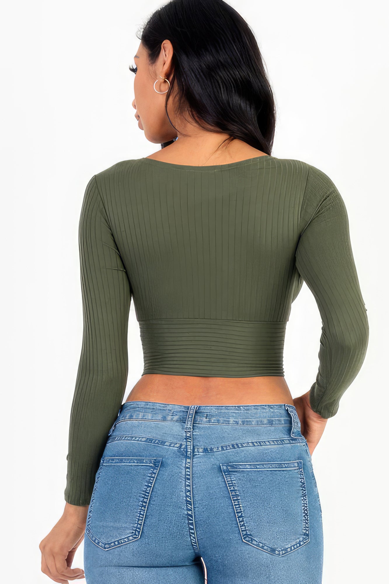 Ribbed Wrap Front Long Sleeve Top - Olive