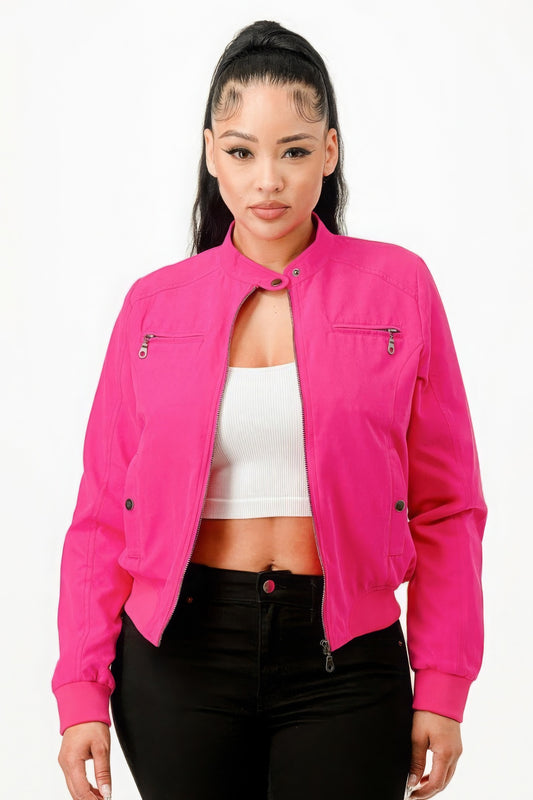 Casual Zip Up Biker Moto Jacket - Hot Pink