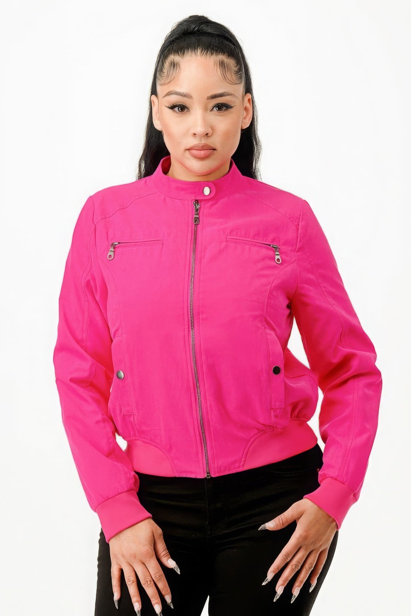 Casual Zip Up Biker Moto Jacket - Hot Pink
