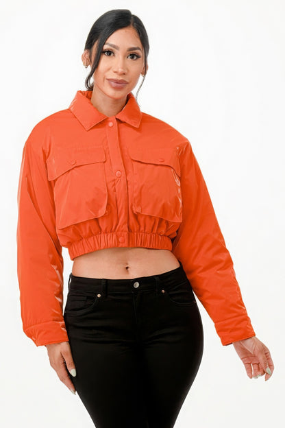 Shiny Puffer Bomber Jacket - Orange