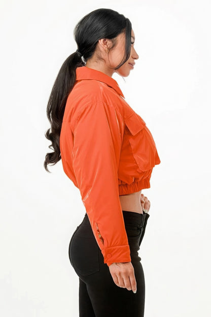 Shiny Puffer Bomber Jacket - Orange