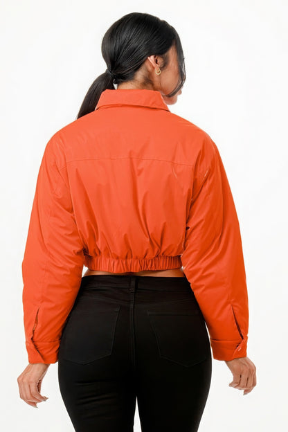 Shiny Puffer Bomber Jacket - Orange