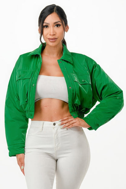 Shiny Puffer Bomber Jacket - Green