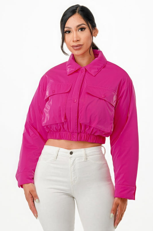 Shiny Puffer Bomber Jacket - Hot Pink