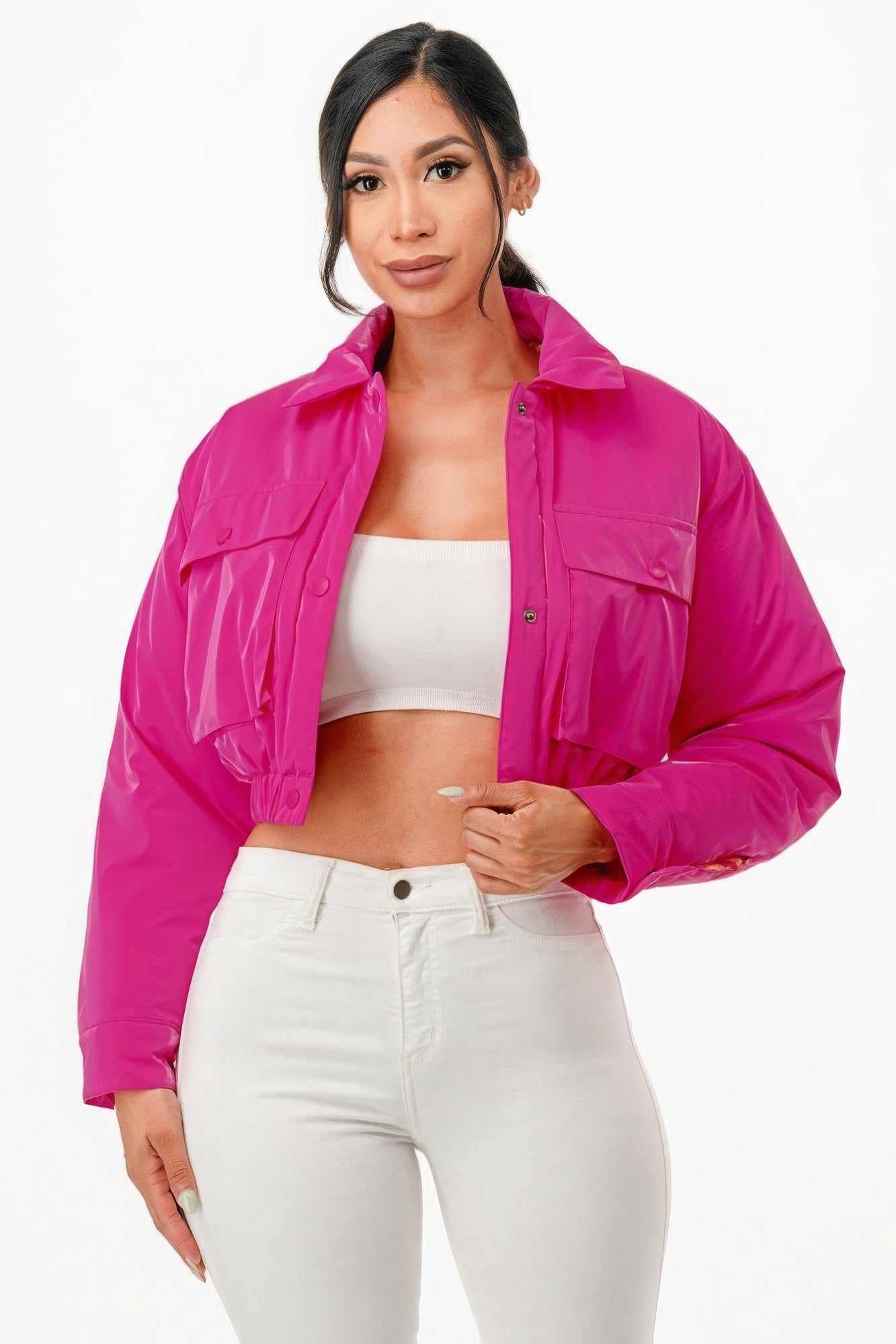 Shiny Puffer Bomber Jacket - Hot Pink