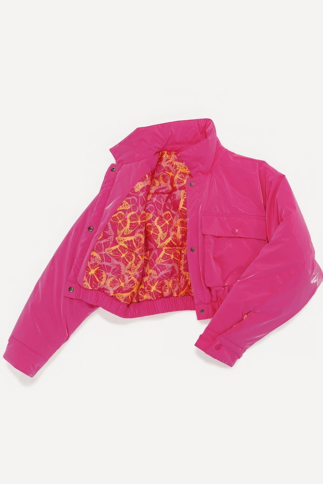 Shiny Puffer Bomber Jacket - Hot Pink
