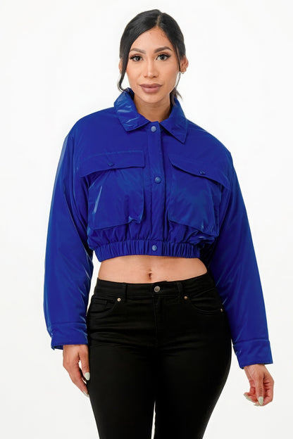 Shiny Puffer Bomber Jacket - Royal Blue