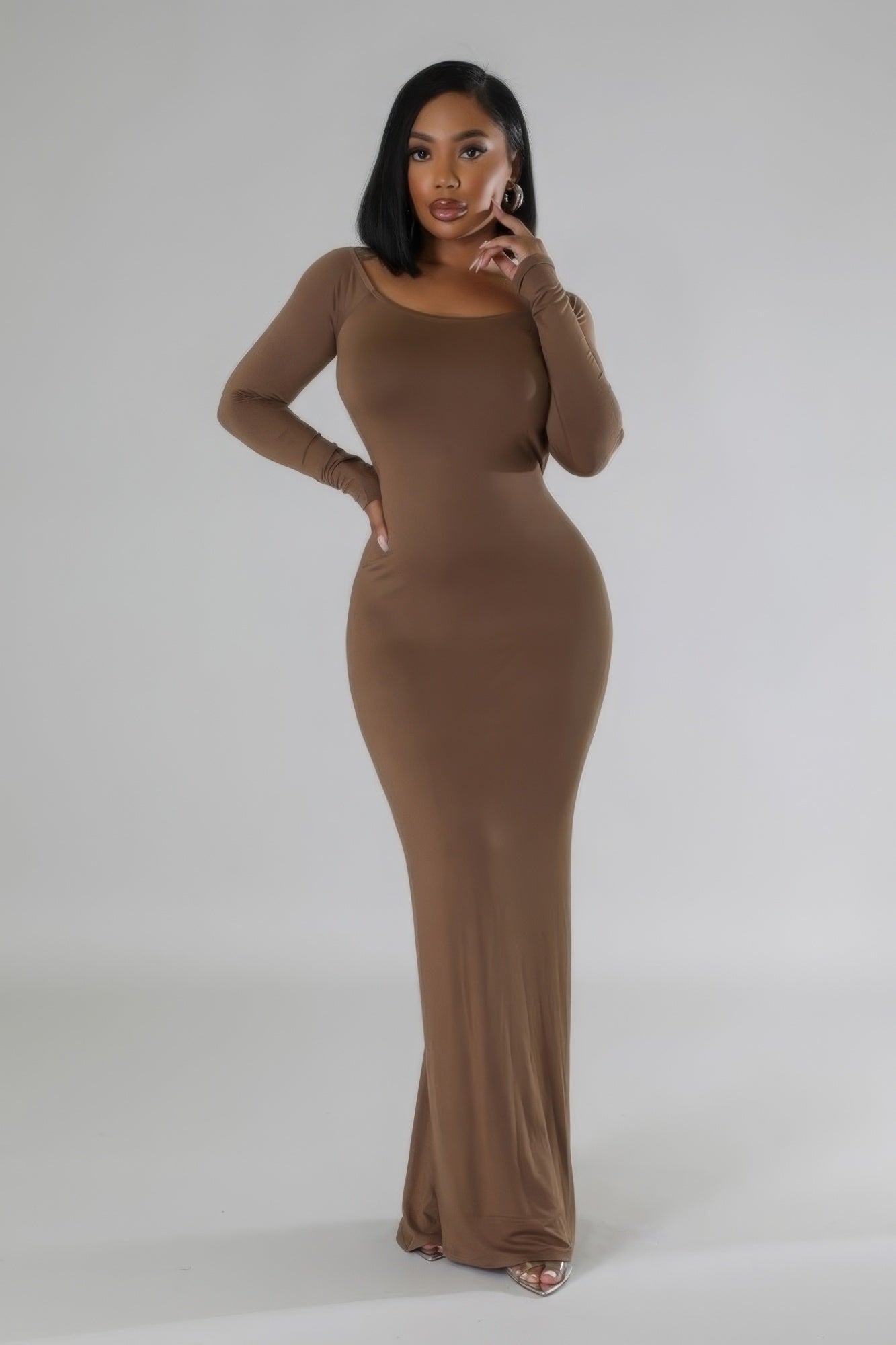 Long Sleeves Stretch Dress - Brown