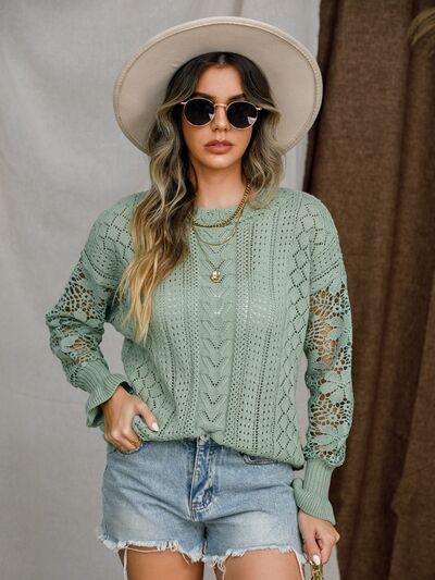 Evy Eyelet Crochet Lantern Sleeve Sweater - Light Olive Green