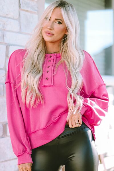 Exposed Seam Half Button Long Sleeve Sweatshirt