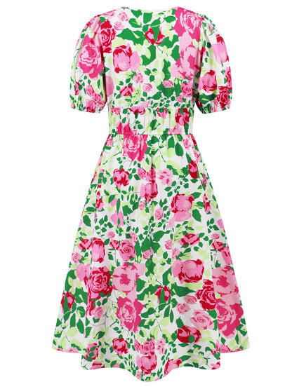 Ruched Floral Printed Short Sleeve Dress