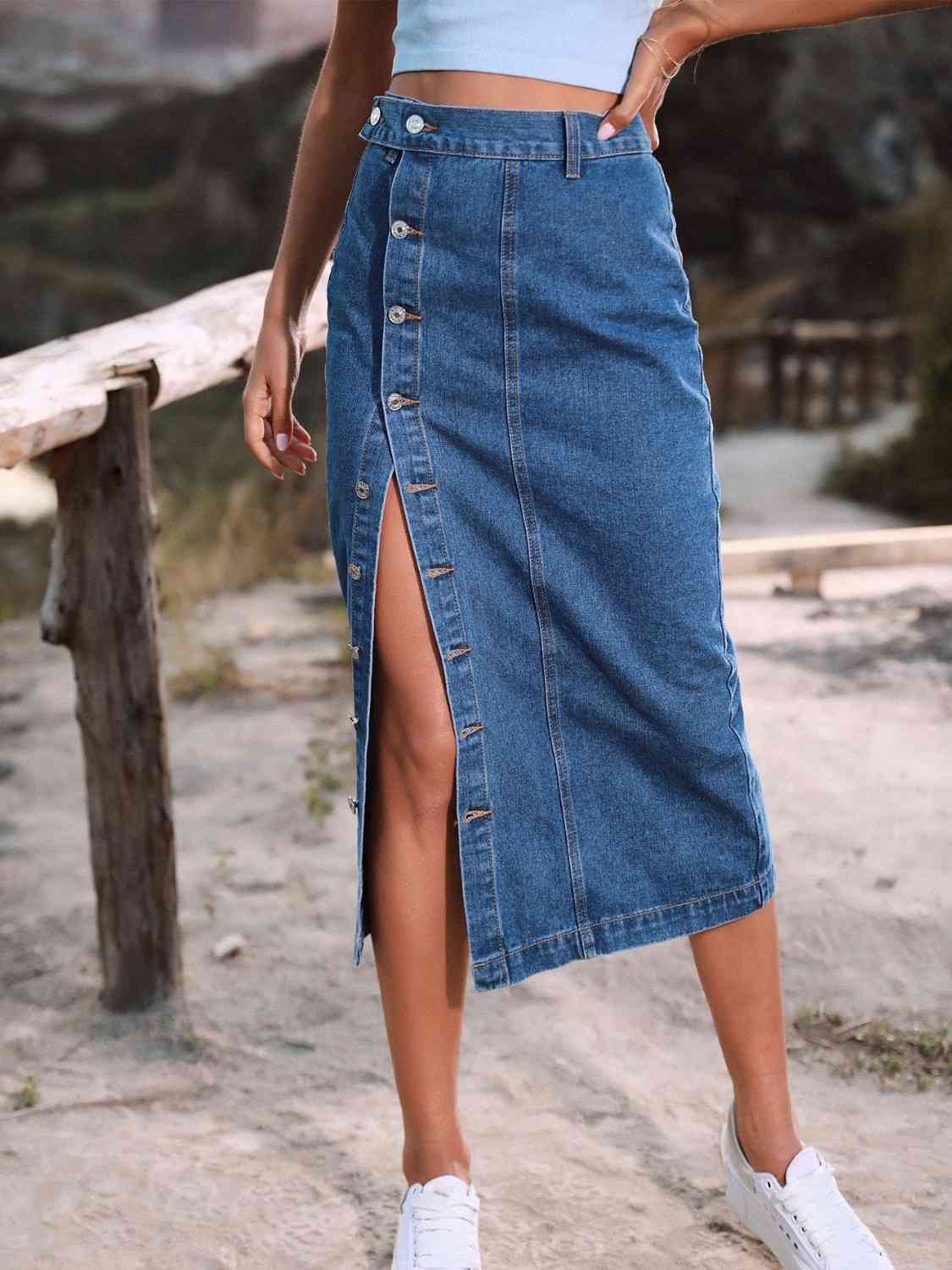 Women's Button Down Split Denim Skirt -  Medium Blue