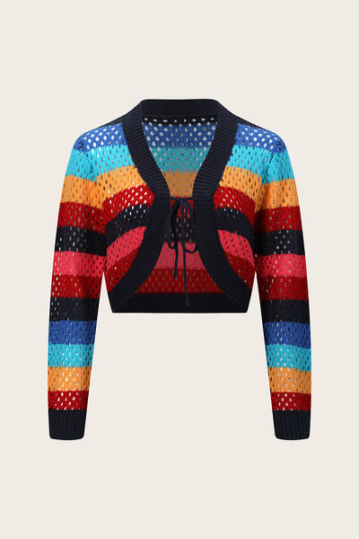 Cropped Multi Color Block Tied Cardigan