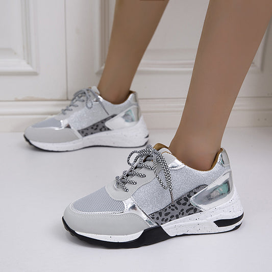 Lace-Up Round Toe Leopard Detail Platform Sneakers