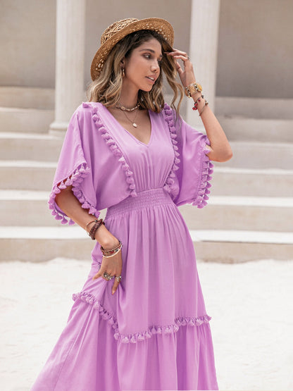 Carmen Tassel Trim Smocked V-Neck Short Sleeve Dress