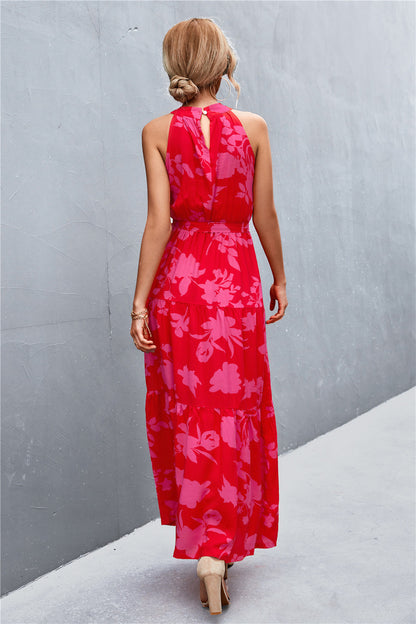 Monet Printed Sleeveless Tie Waist Maxi Dress