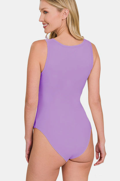 Microfiber Notched Sleeveless Bodysuit - Light Purple