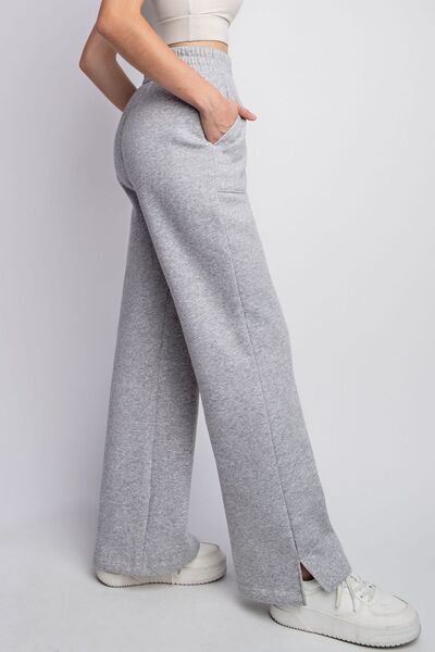 Cotton Full Size Drawstring Straight Leg Slit Sweatpants - Light Heather Gray