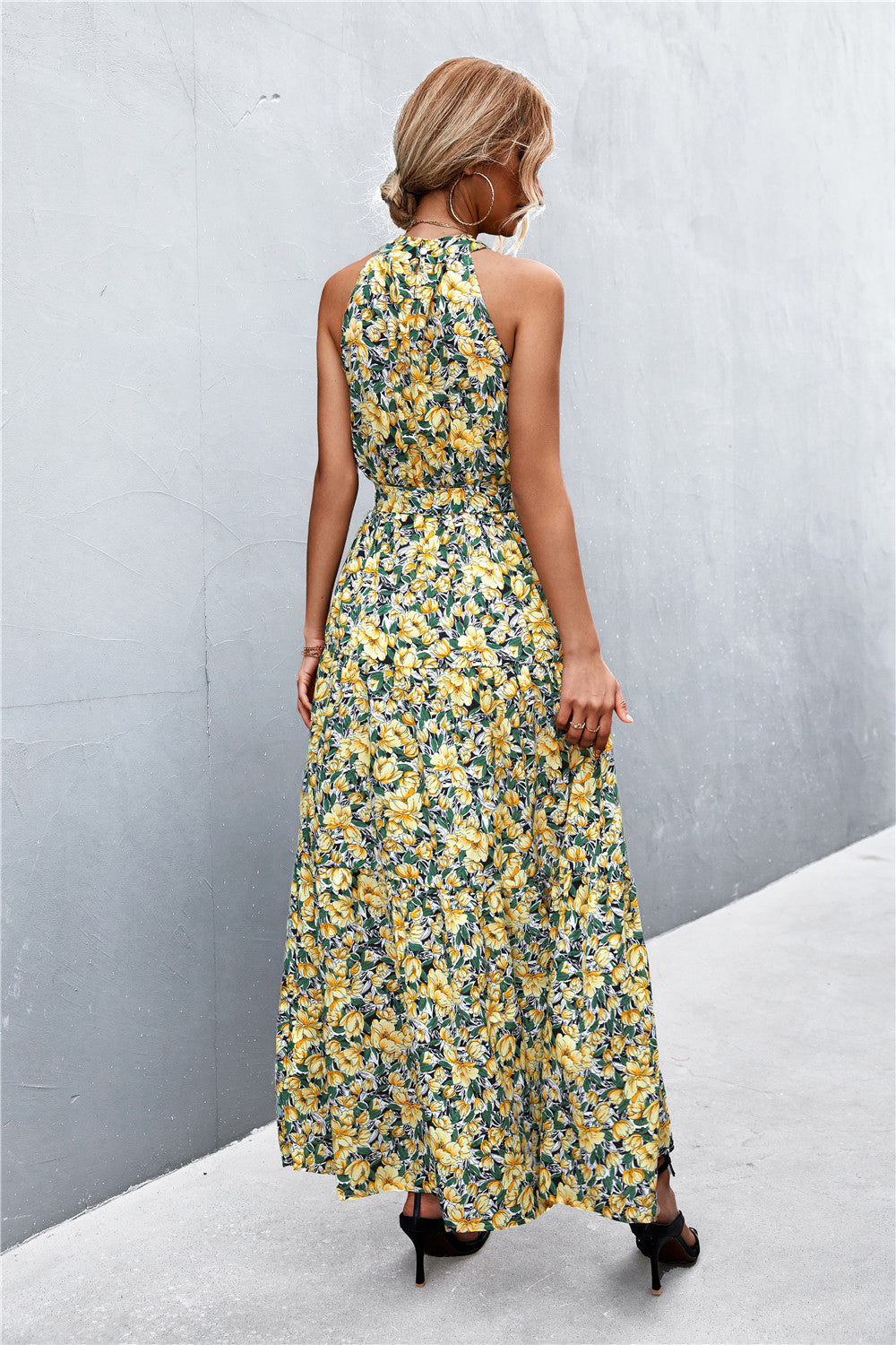 Monet Printed Sleeveless Tie Waist Maxi Dress