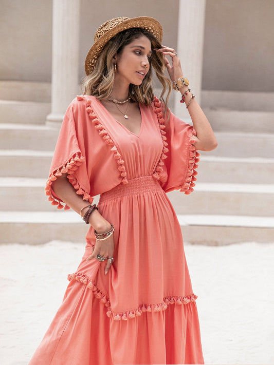 Carmen Tassel Trim Smocked V-Neck Short Sleeve Dress