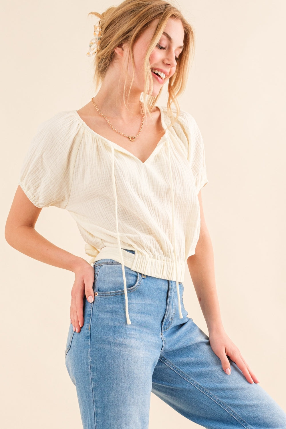 Eryn Cotton Gauze Back Waist Tie Cropped Blouse