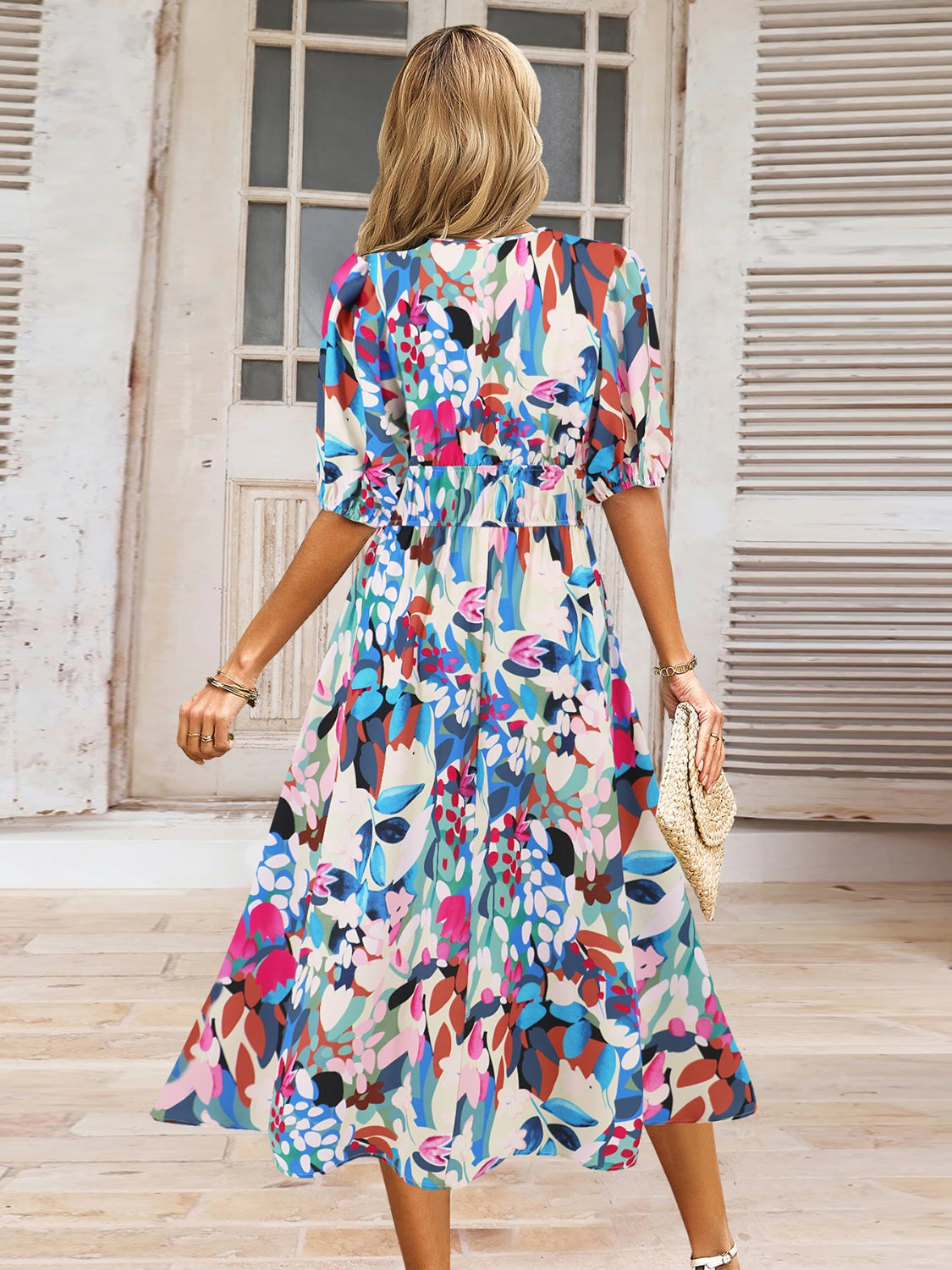 Ruched Floral Printed Short Sleeve Dress