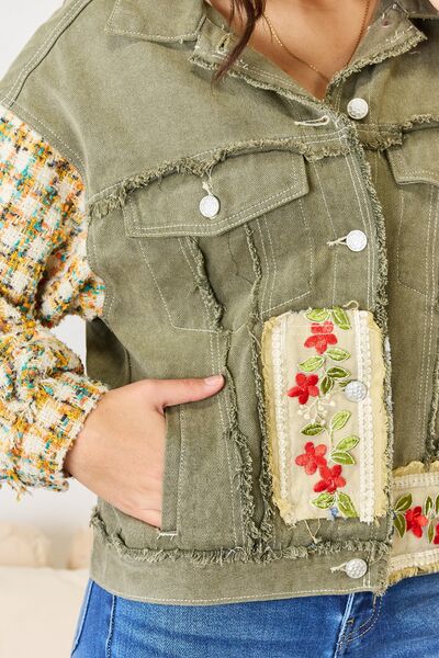 Embroidered Patchwork Button Down Raw Hem Shacket