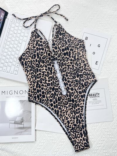 Heidi Leopard Cutout Halter Neck One-Piece Swimwear